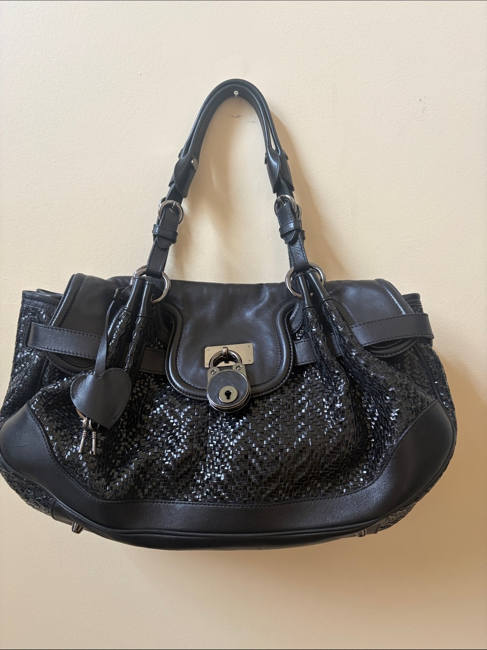 Moschino Black Woven Leather Shoulder Bag